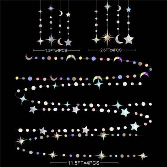 Iridescent Star Moon Garland Hanging Decorations Baby Shower Wedding Party - Picture 2 of 5